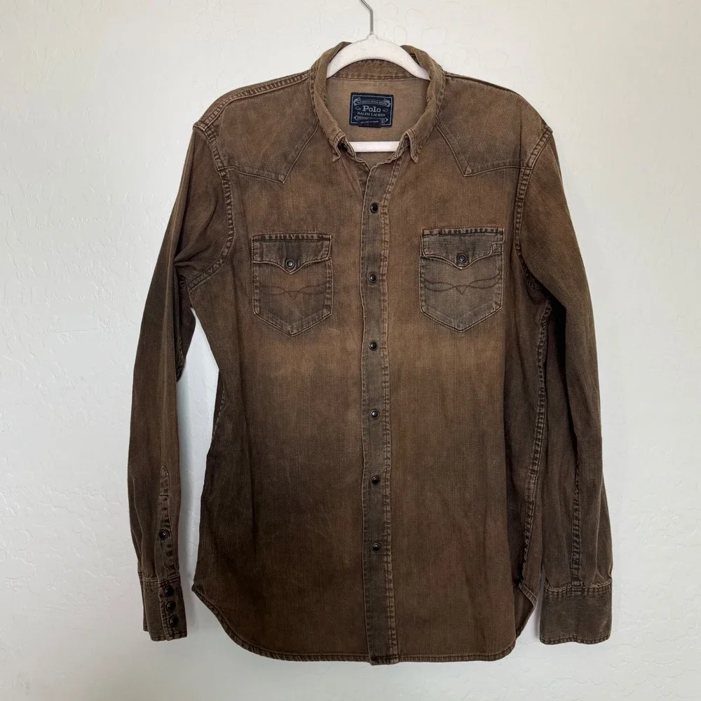 Polo Ralph Lauren Mens Cotton Denim Western Shirt L Brown Snap Front Cowboy
